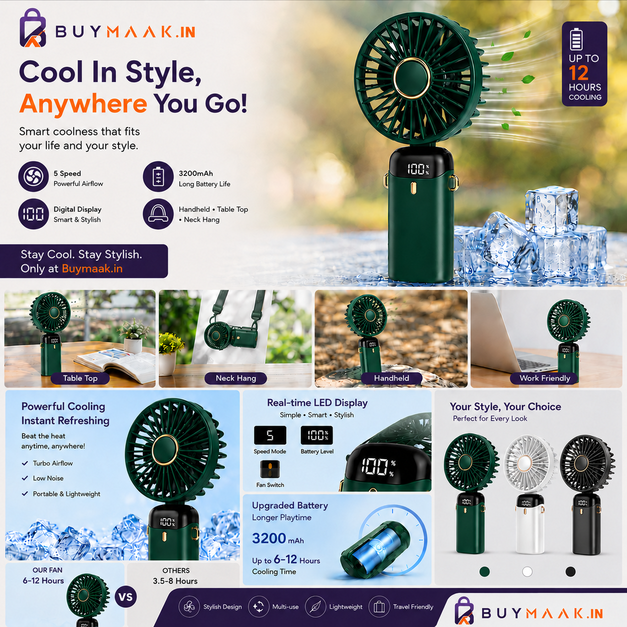 Buymaak Ultimate Portable Fan Green - Intelligent Digital Display vs Others Comparison Hands-Free Lifestyle