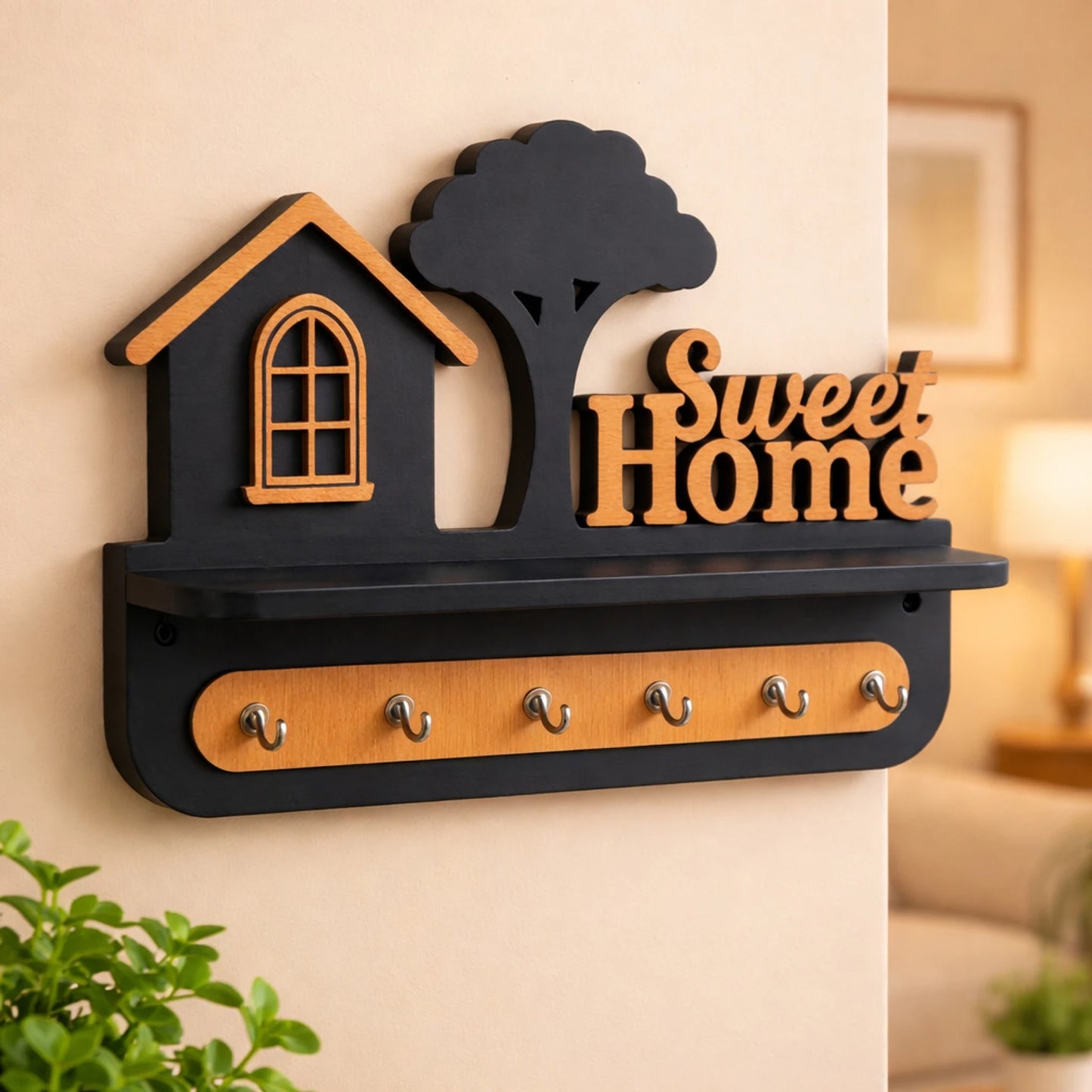 Sweet Home Wooden Wall Key Holder with Shelf – Decorative House & Tree Key Organizer