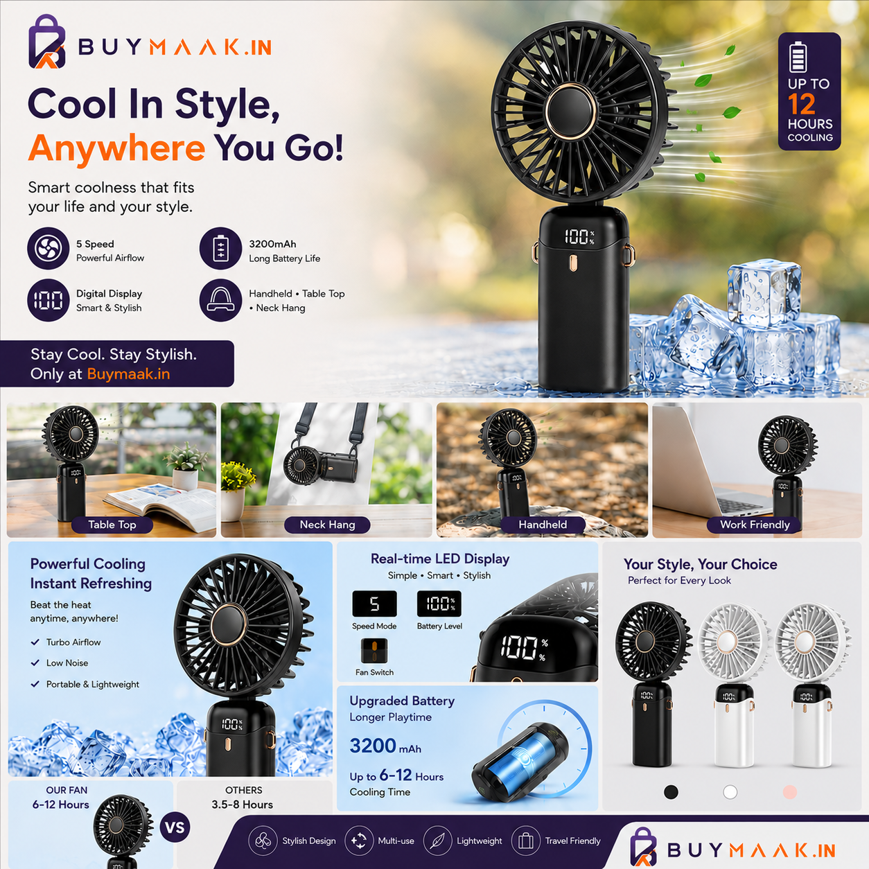 Buymaak Ultimate Portable Fan Black - Intelligent Digital Display vs Others Comparison Hands-Free Lifestyle