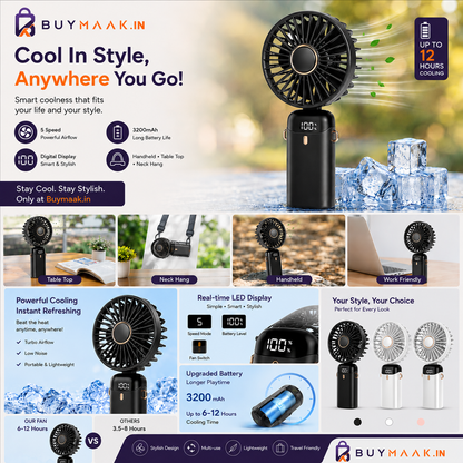 Buymaak Ultimate Portable Fan Black - Intelligent Digital Display vs Others Comparison Hands-Free Lifestyle