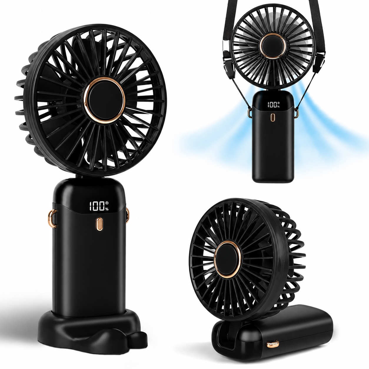 Buymaak Portable Mini Handheld Fan Black - Front View with LED Digital Display