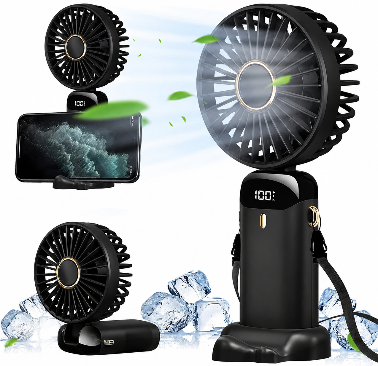 Portable Mini Fan Black - Compact Dimensions Lightweight Design with LED Battery Display