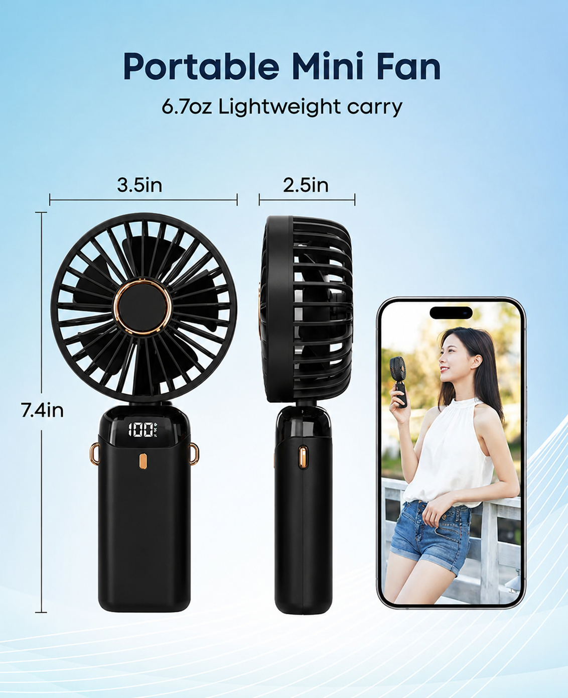 Portable Handheld Fan Black - Multi-Angle Views Phone Holder Stand Neck Strap Foldable Design