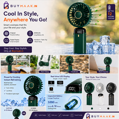 Buymaak Ultimate Portable Fan Green - Intelligent Digital Display vs Others Comparison Hands-Free Lifestyle