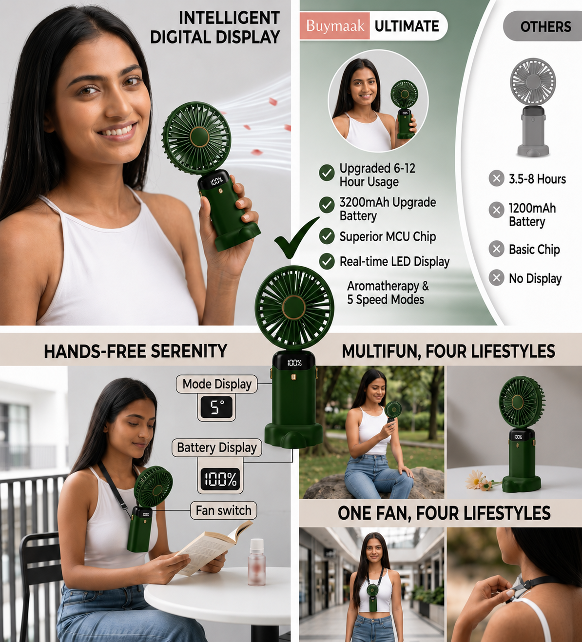 Buymaak Mini Fan Green - Cool In Style Features Overview Neck Hang Table Top Handheld Work Modes