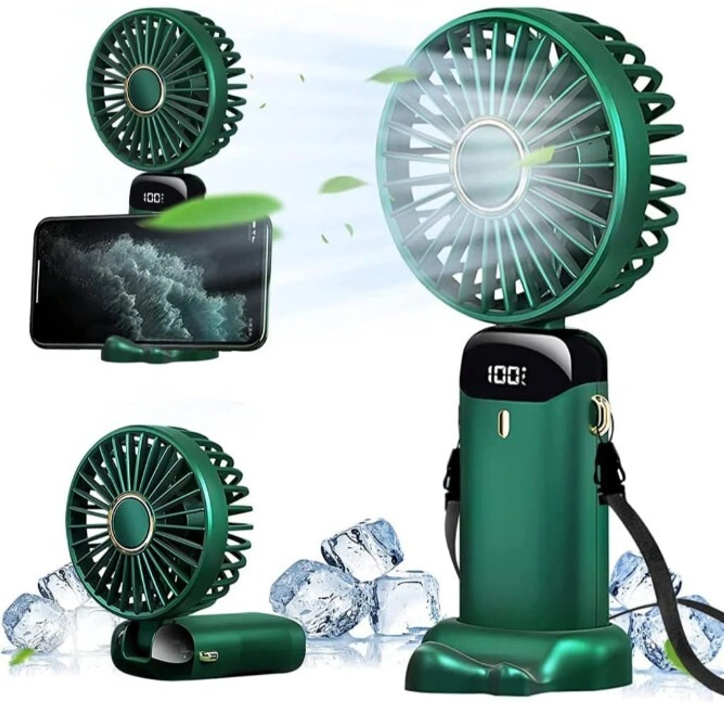 Portable Handheld Fan Green - Multi-Angle Views Phone Holder Stand Neck Strap Foldable Design