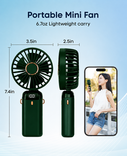 Portable Mini Fan Green - Compact Dimensions Lightweight Design with LED Battery Display