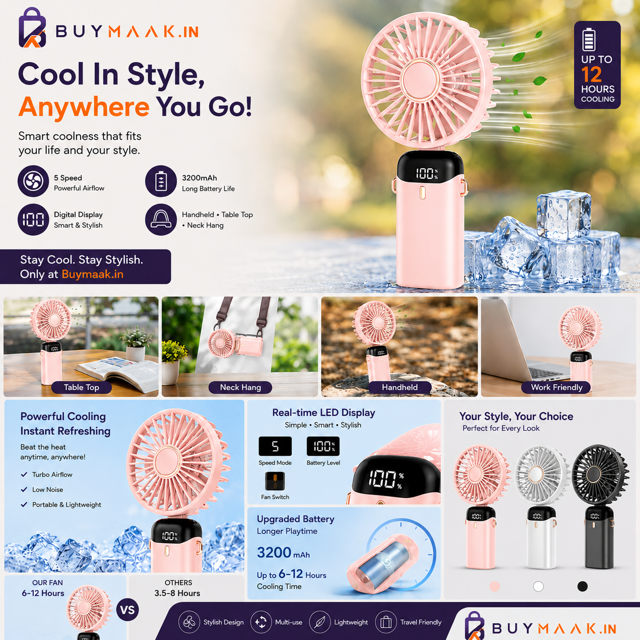 Buymaak Ultimate Portable Fan Pink - Intelligent Digital Display vs Others Comparison Hands-Free Lifestyle