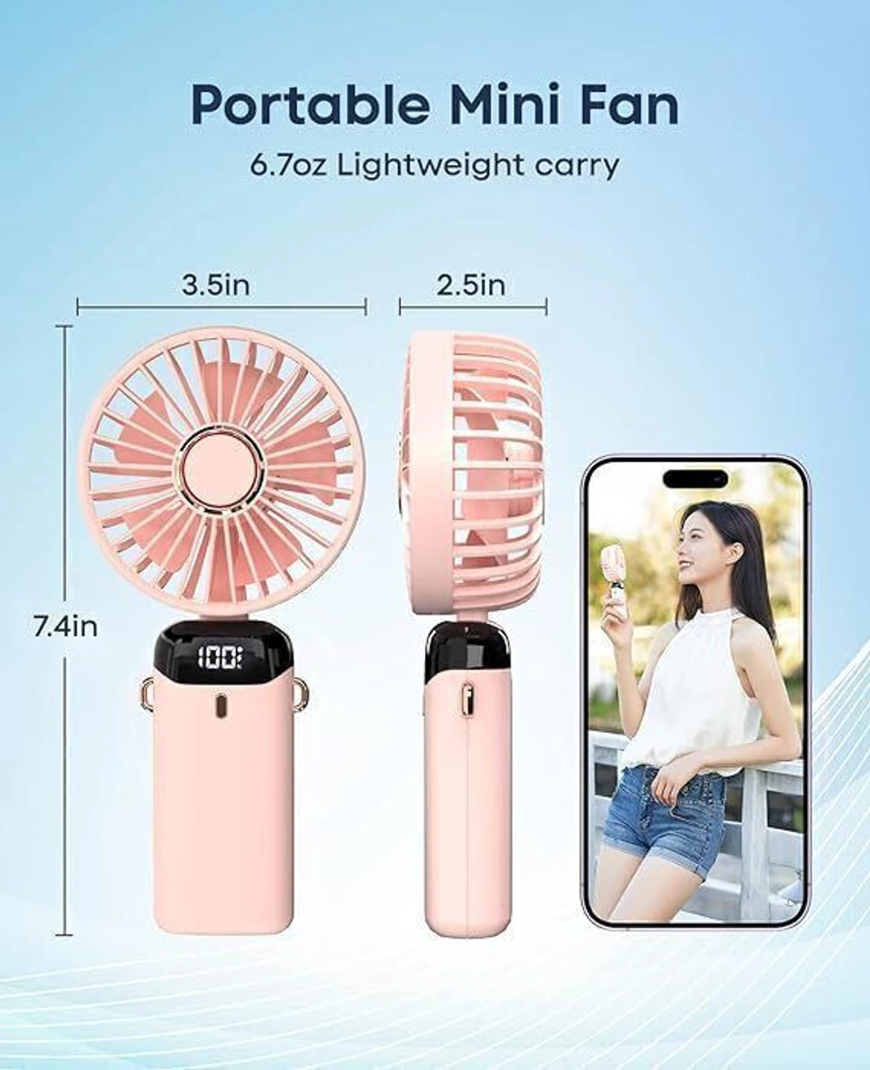 Portable Handheld Fan Pink - Multi-Angle Views Phone Holder Stand Neck Strap Foldable Design