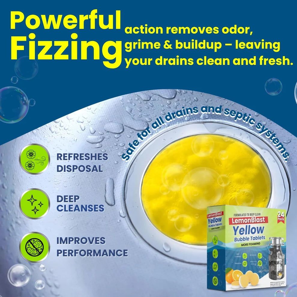 LemonBlast Yellow Bubble Tablets  – Odor Eliminator + Blockage Remover (24 tablets)