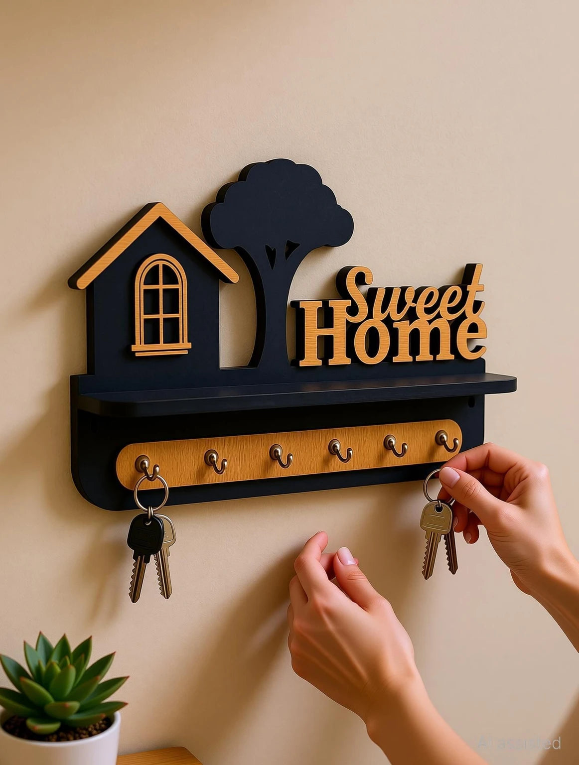 Sweet Home Wooden Wall Key Holder with Shelf – Decorative House & Tree Key Organizer