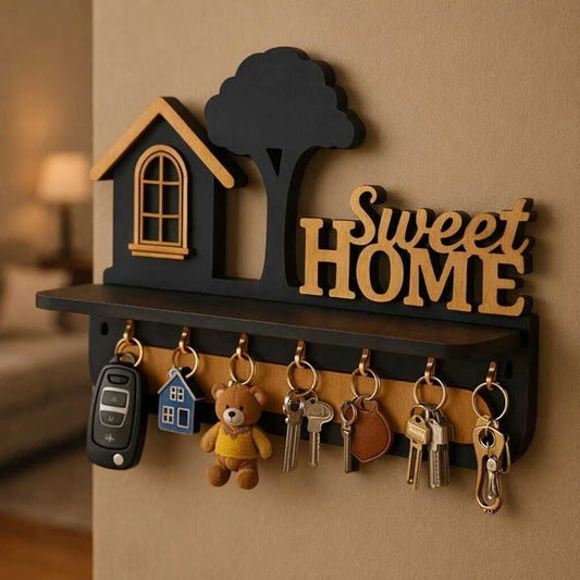 Sweet Home Wooden Wall Key Holder with Shelf – Decorative House & Tree Key Organizer